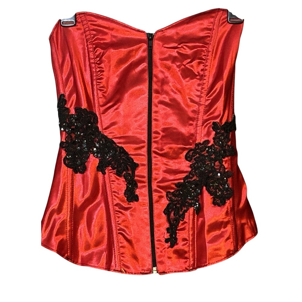 Tesa Red Satin Sequin Lace Embroidery Front Zip Lace Up back Corset Sz 34